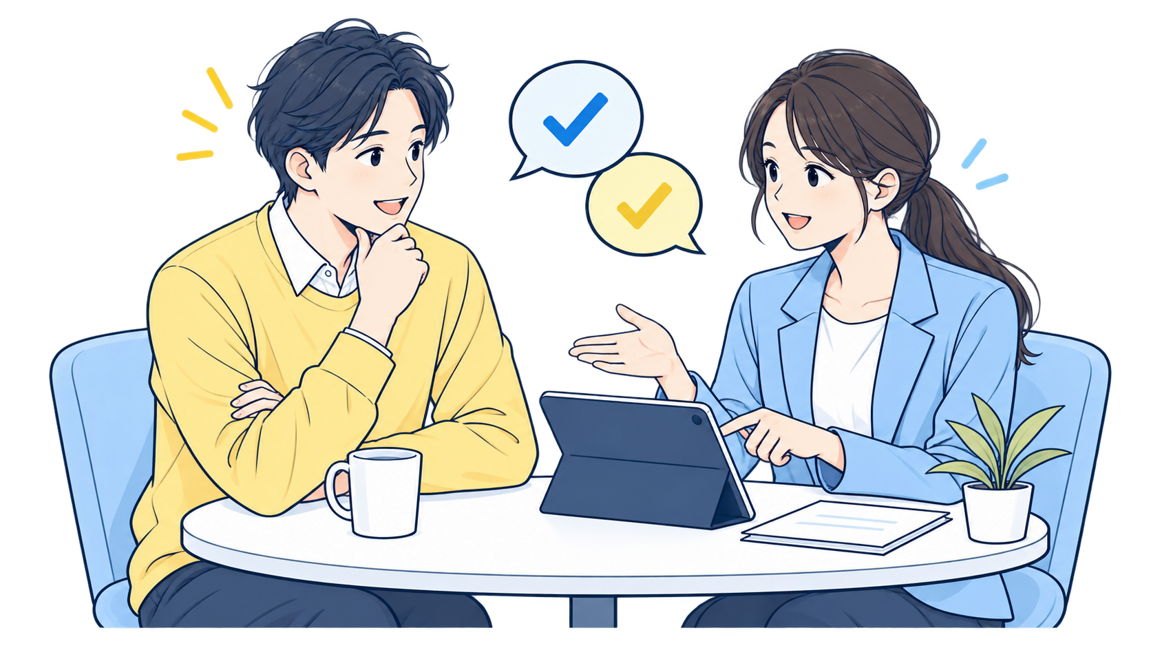教室の運用について相談する担当者とアドバイザー