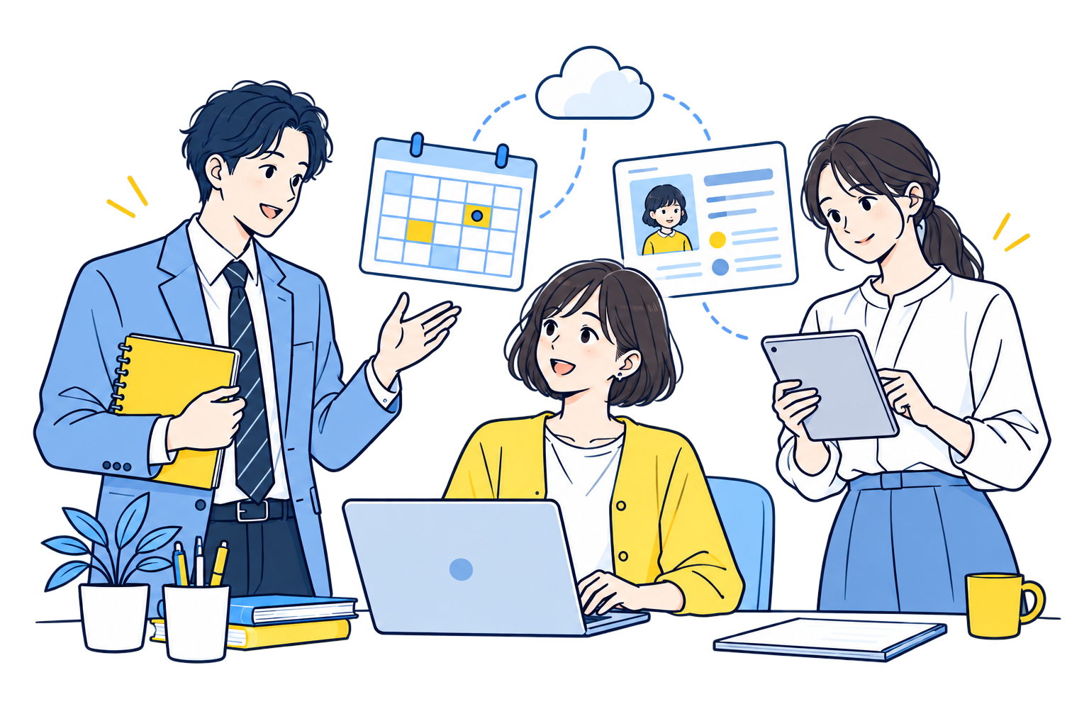 パソコンとタブレットを囲んで教室運営を相談する3人